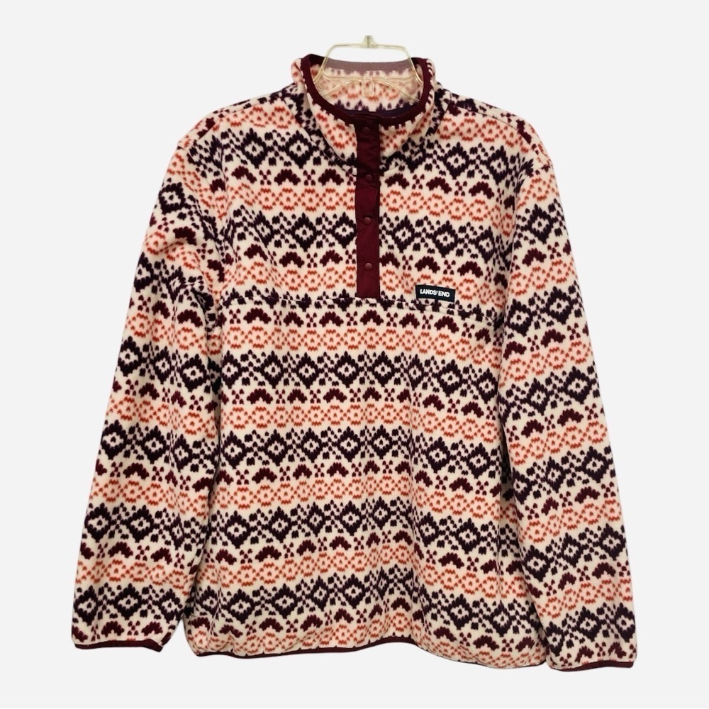 Lands End Heritage Quarter Snap Fleece Pullover Large Burgundy Orange Fair Isle